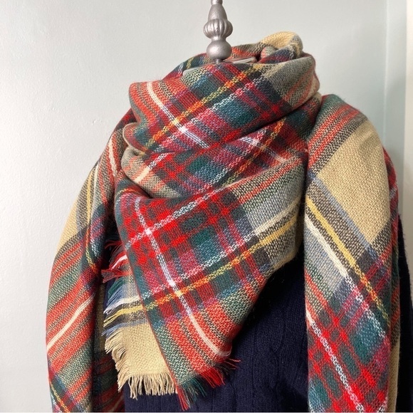 Tartan Plaid Red Tan & Green Oversized Square Blanket Scarf - Picture 3 of 10